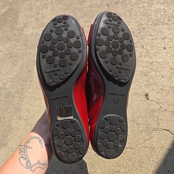 Jimmy Choo Flat Pumps Size 34.5 Red Burgundy Enamel Casual Shoes - Picture 10 of 11